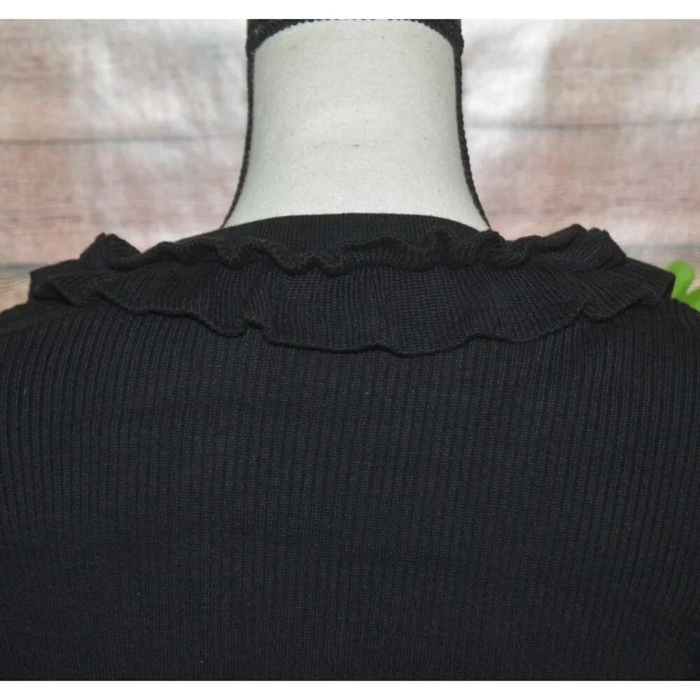Talbots Black Ruffle Front Button Up V-Neck Ribbed Cardigan Sweater Size L - Picture 6 of 9